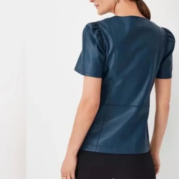 Faux Leather Peplum Top in Ominous Teal - Picture 2 of 5